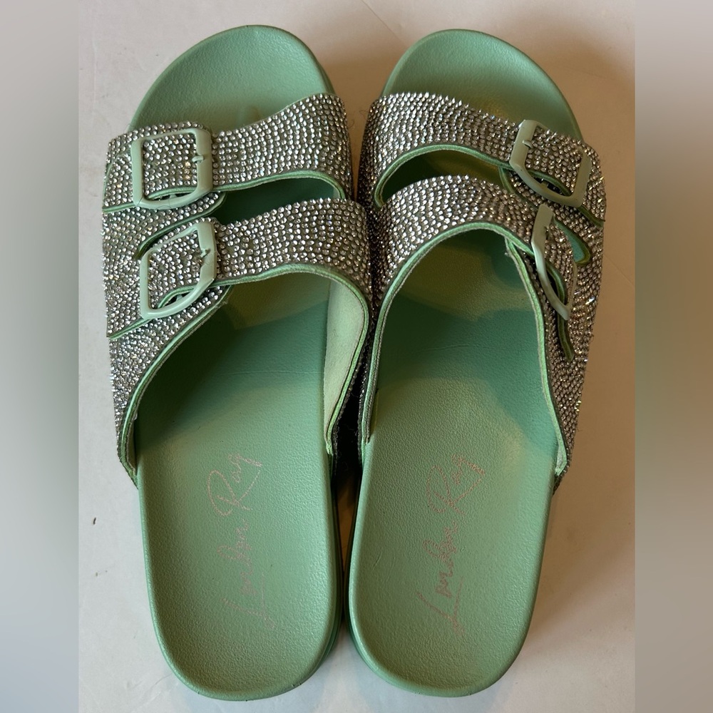 London Rag Green Double Buckle Footbed Sandals/ Slides Rhinestones‎ Size 9